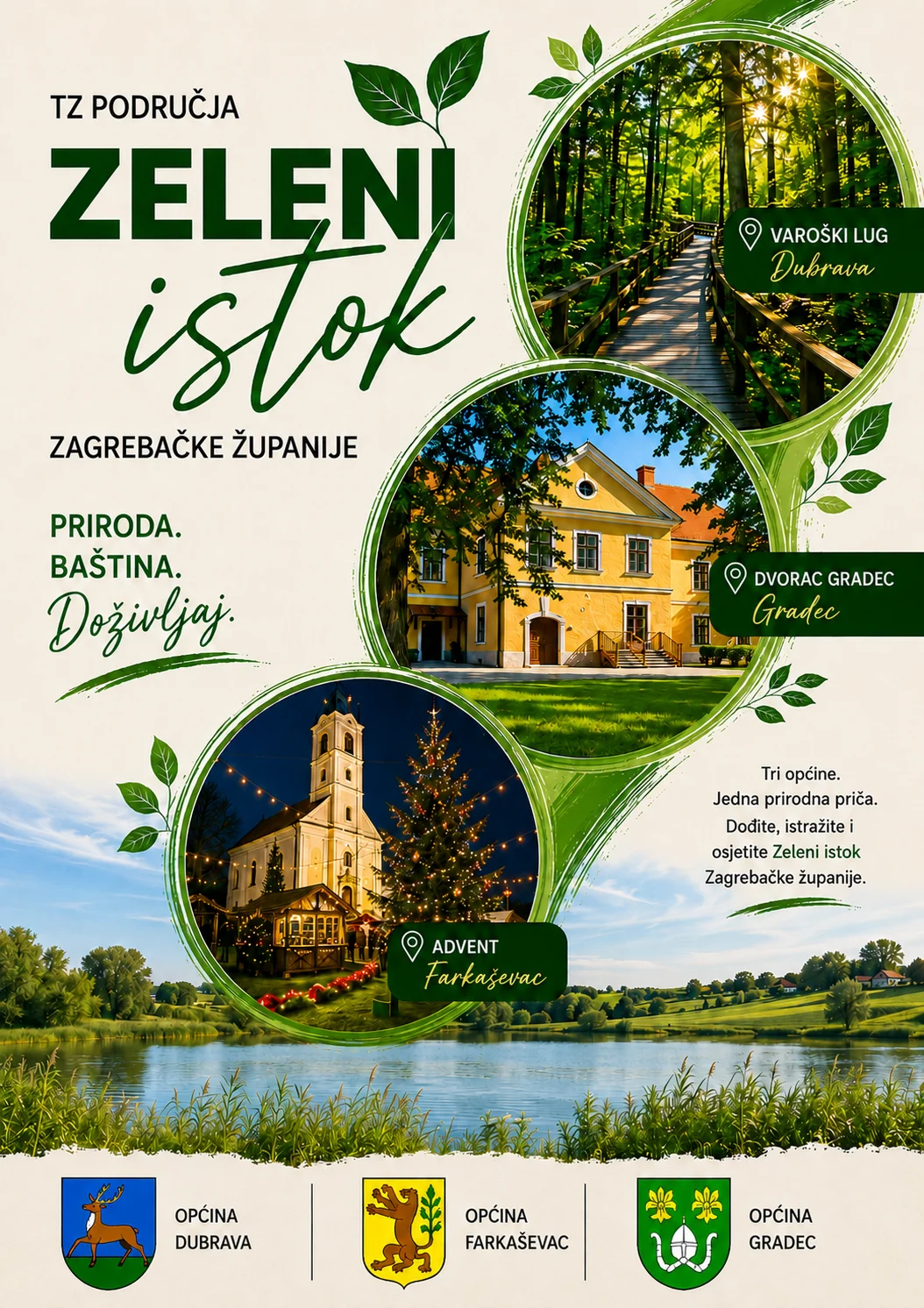 Promotivni vizual Zelenog istoka: Varoški lug u Dubravi, dvorac Gradec i Advent u Farkaševcu.